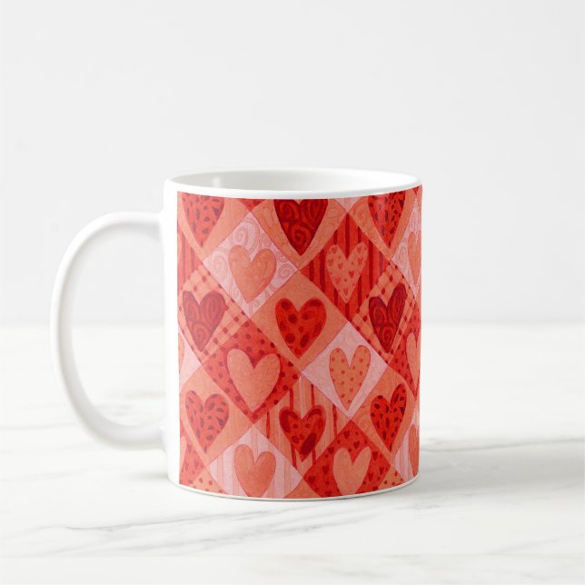 Modern Red and Pink Patchwork Hearts Coffee Mug (Left)