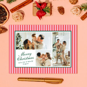 Modern Red and Pink Stripe 3 Photo Christmas Card