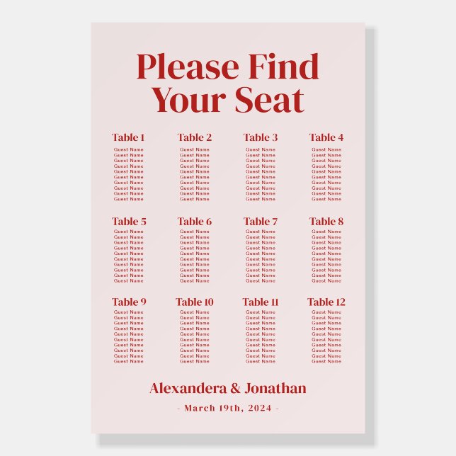 Modern Red and Pink Wedding Seating Chart Foam Board (Front)