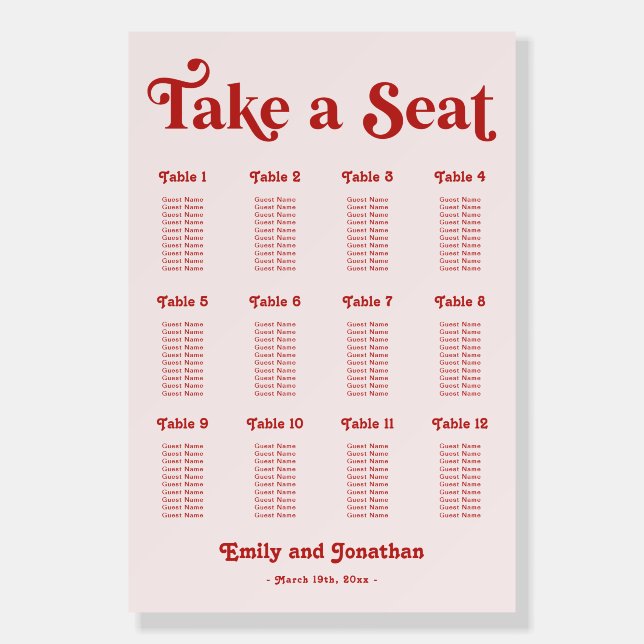 Modern Red and Pink Wedding Seating Chart Foam Board (Front)