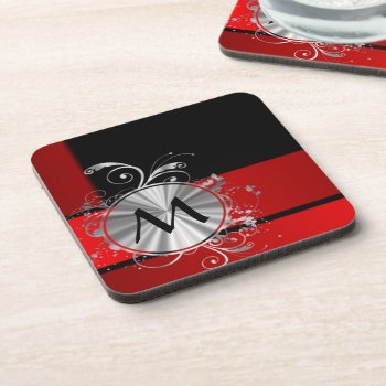 Modern Red And Silver Monogram Coaster by monogramgiftz at Zazzle