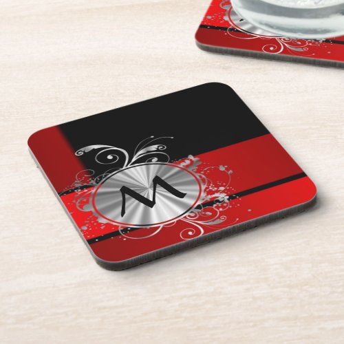 Modern red and silver monogram coaster