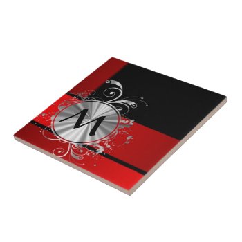Modern Red And Silver Monogram Tile by monogramgiftz at Zazzle