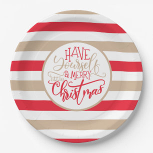 Modern Red and Tan Merry Christmas Striped Paper Plates