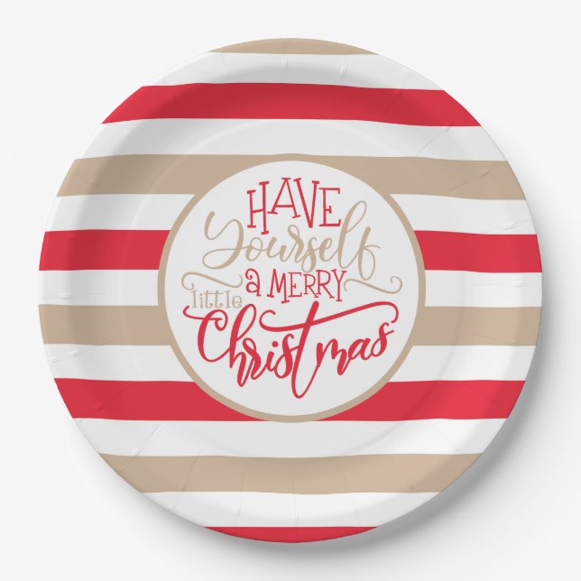 Modern Red and Tan Merry Christmas Striped  Paper Plates (Front)