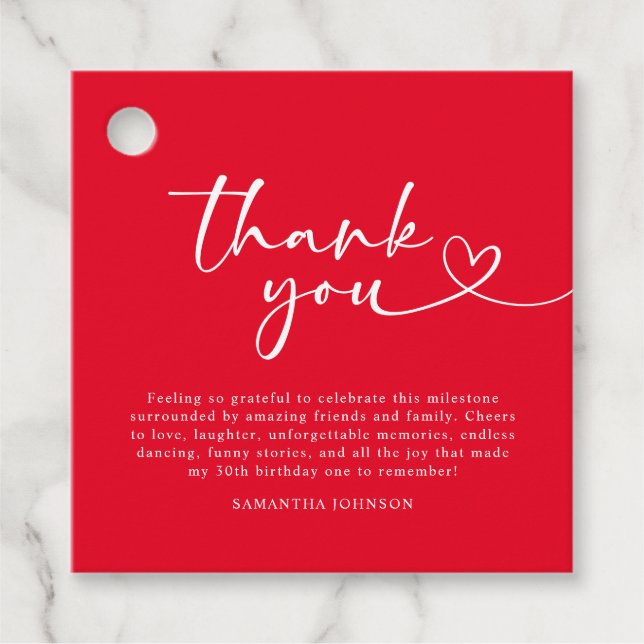 Modern Red and White 30th Birthday Thank You Favor Tags (Front)