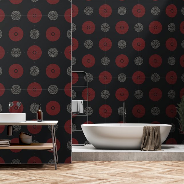 Modern Red and White Art Deco Circles Wallpaper (Bathroom)