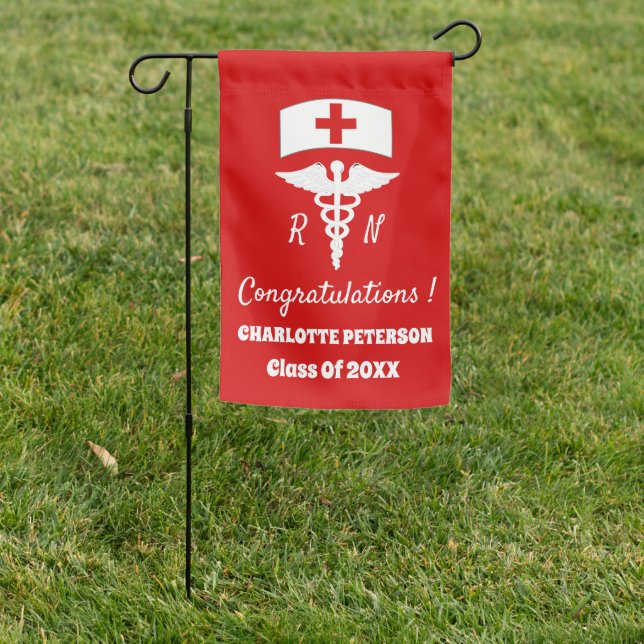 Modern Red and White Caduceus Nurse Graduation  Garden Flag (In SItu)