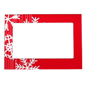 Modern red and white Christmas white snowflakes Magnetic Picture Frame