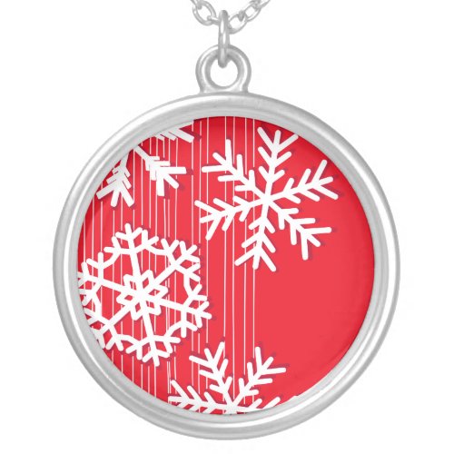 Modern red and white Christmas white snowflakes Silver Plated Necklace