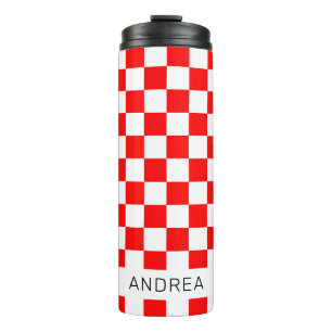 Modern Red and White Croatian Checkers with Name Thermal Tumbler