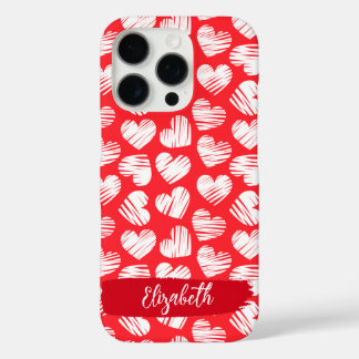 Modern Red and White Doodled Heart Valentine Name iPhone 16 Pro Case