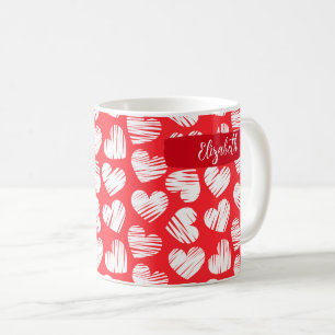 Modern Red and White Doodled Heart Valentine Name Coffee Mug