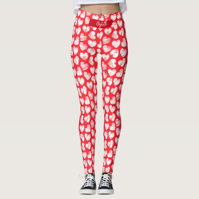 Modern Red and White Doodled Heart Valentine Name Leggings (Front)