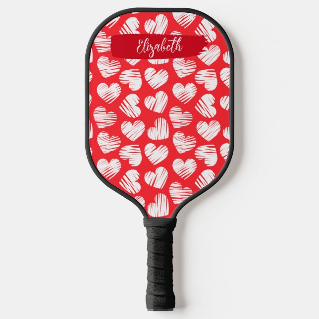 Modern Red and White Doodled Heart Valentine Name Pickleball Paddle (Front)
