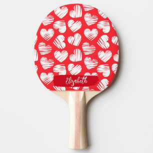 Modern Red and White Doodled Heart Valentine Name Ping Pong Paddle