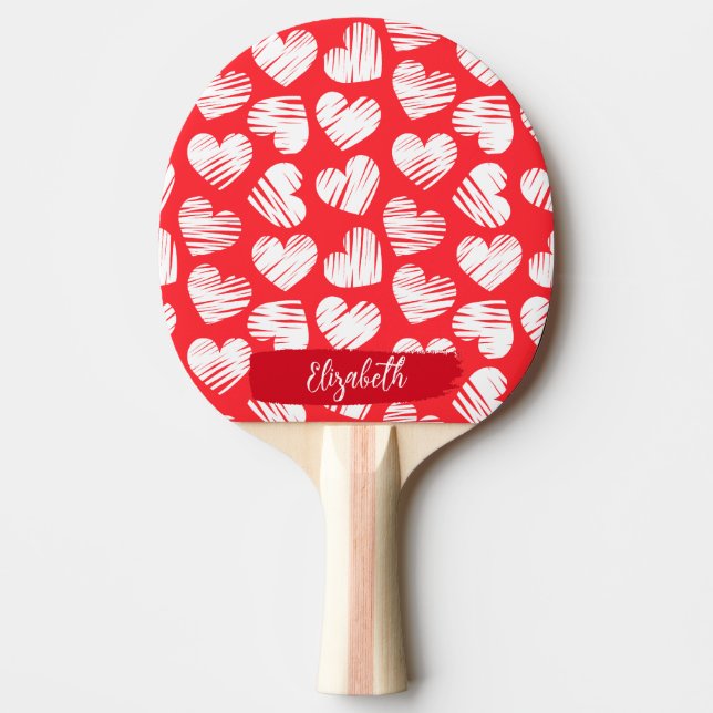 Modern Red and White Doodled Heart Valentine Name Ping Pong Paddle (Front)