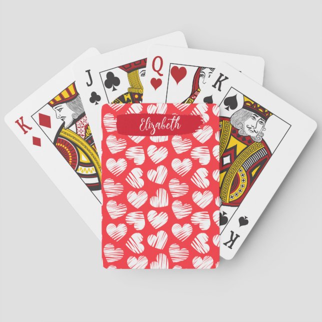 Modern Red and White Doodled Heart Valentine Name Poker Cards (Back)