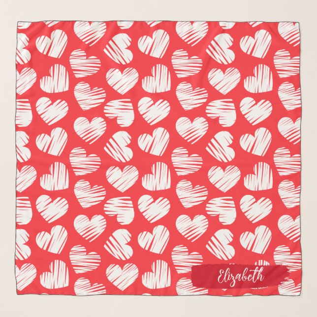 Modern Red and White Doodled Heart Valentine Name Scarf (Front)