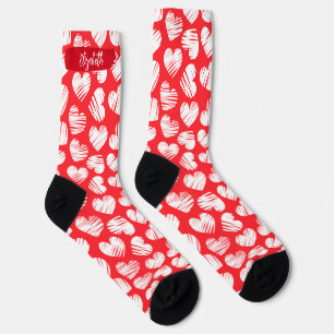 Modern Red and White Doodled Heart Valentine Name Socks