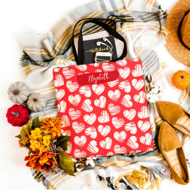 Modern Red and White Doodled Heart Valentine Name Tote Bag (Creator Uploaded)