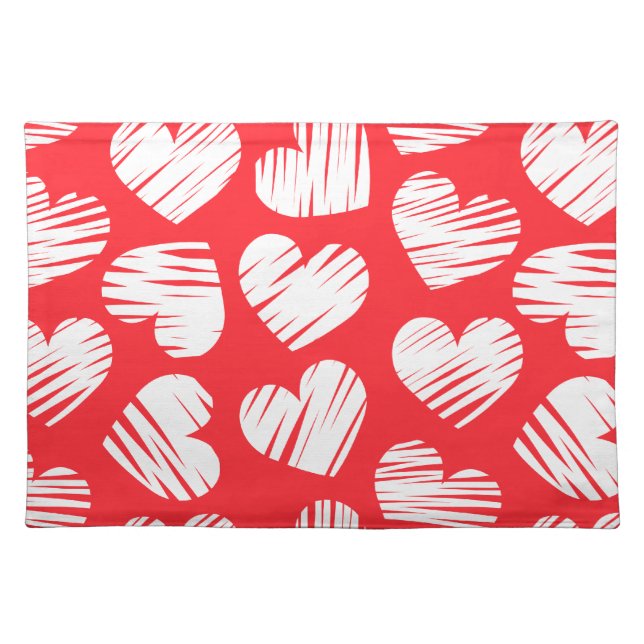 Modern Red and White Doodled Heart Valentine's Day Cloth Placemat (Front)