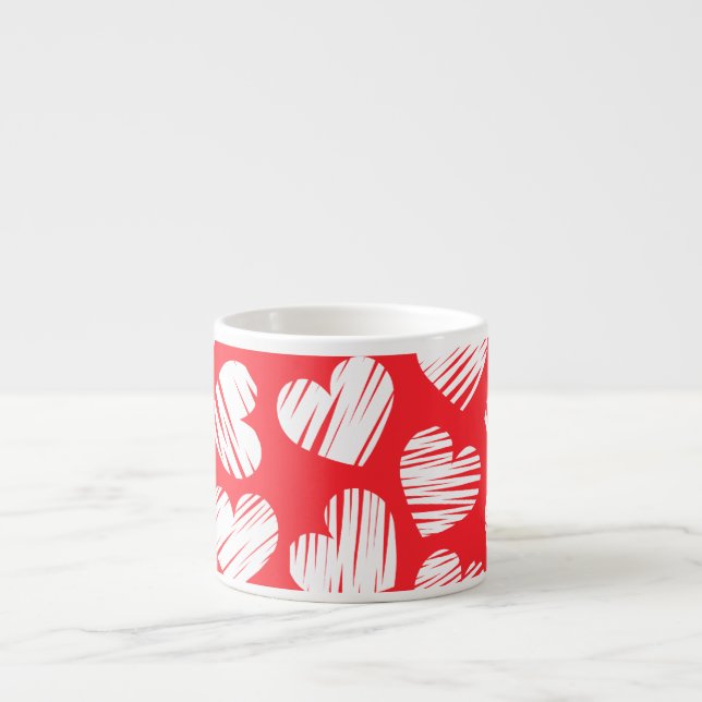 Modern Red and White Doodled Heart Valentine's Day Espresso Cup (Front)