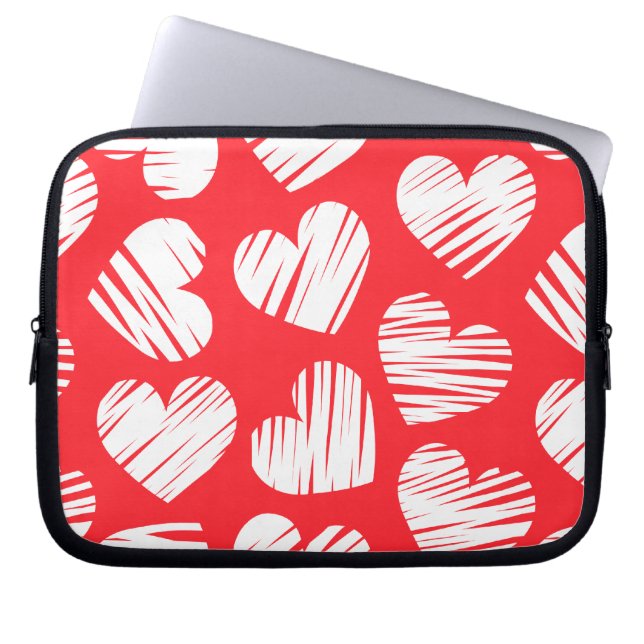 Modern Red and White Doodled Heart Valentine's Day Laptop Sleeve (Front)