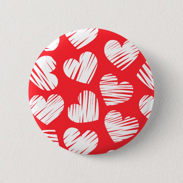 Modern Red and White Doodled Heart Valentine's Day Pinback Button (Front)