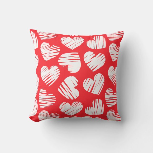 Modern Red and White Doodled Heart Valentine's Day Throw Pillow (Front)