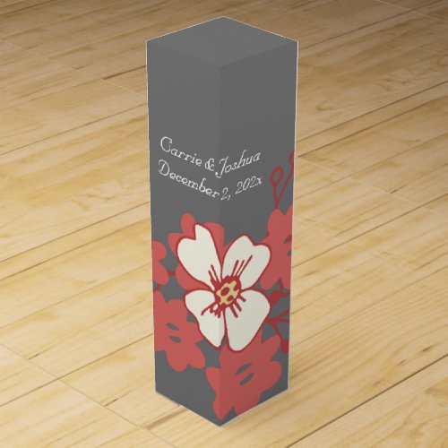 Modern Red and White Flowers on Gray Wedding Wine Box