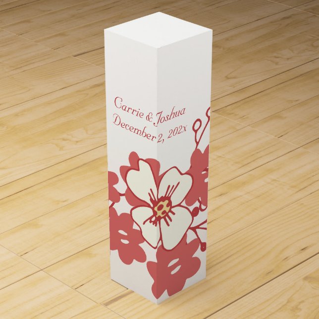 Modern Red and White Flowers Wedding Wine Box (Front)