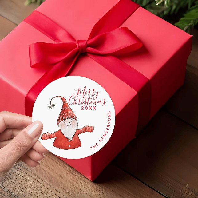 Modern Red and White Fun Gnome Merry Christmas Classic Round Sticker (Elegant Red and White Merry Christmas Sticker with a Cute Gnome)