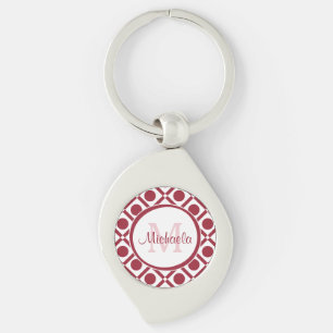 Modern Red and White Geometric Monogram and Name Keychain