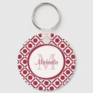 Modern Red and White Geometric Monogram and Name Keychain