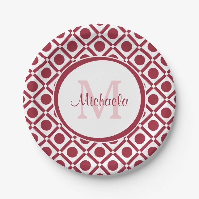 Modern Red and White Geometric Monogram and Name Paper Plates (Front)