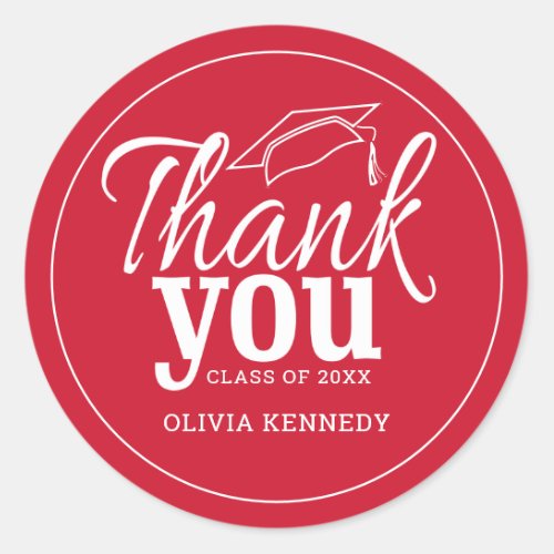 Modern Red And White Graduation Thank You    Classic Round Sticker