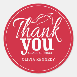 Modern Red And White Graduation Thank You    Classic Round Sticker