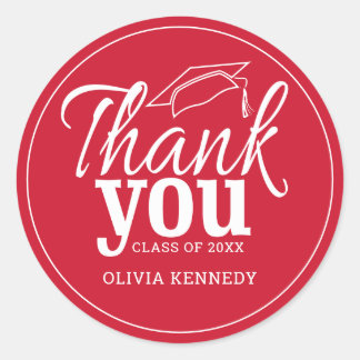 Modern Red And White Graduation Thank You    Classic Round Sticker