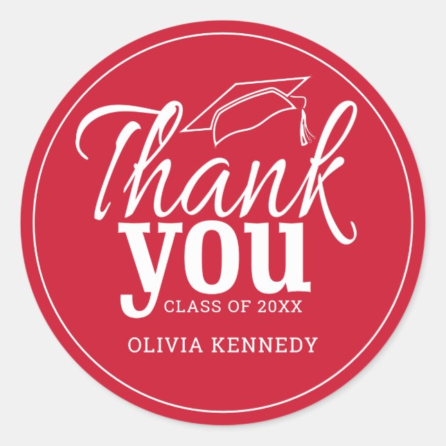 Modern Red And White Graduation Thank You    Classic Round Sticker (Front)