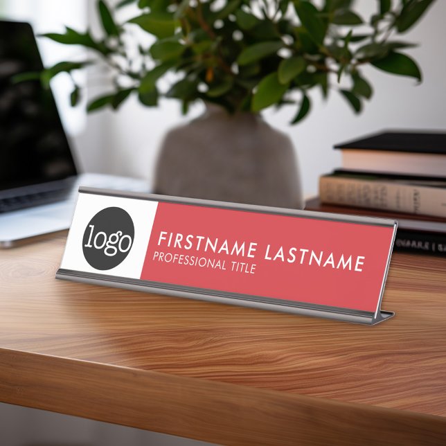 Modern Red and White - Logo, Name, Title cd2027 Desk Name Plate (Custom Nameplate - Add Name and Title for Executive Sign or customize in the design area)