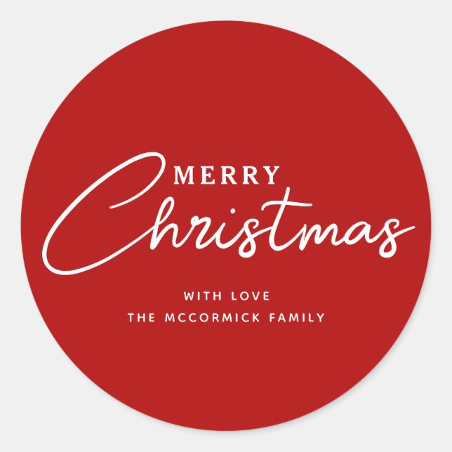 Modern Red And White Merry Christmas Script Name Classic Round Sticker (Front)