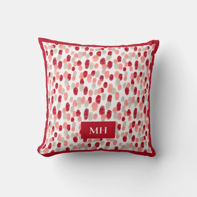 Modern Red and White Pattern Initials Monogram Throw Pillow (Front)