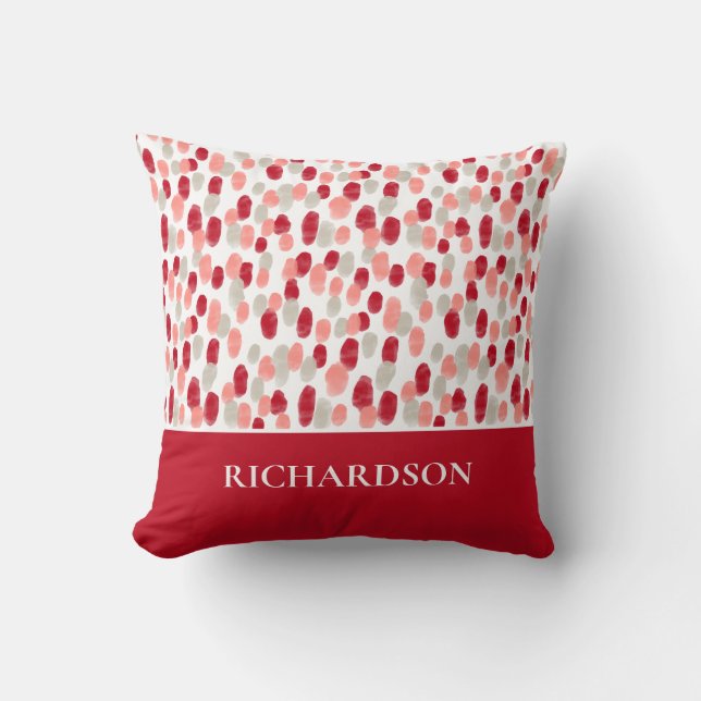 Modern Red and White Pattern Initials Personalized Throw Pillow (Front)