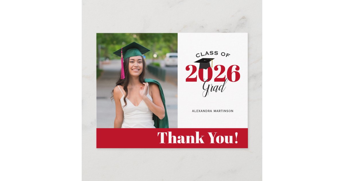 Modern Red and White Photo Graduation Thank You Postcard | Zazzle