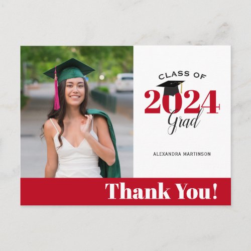 Modern Red and White Photo Graduation Thank You Postcard