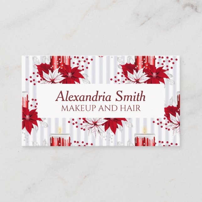 Modern Red and White Poinsettia Flower Business Card (Front)