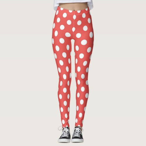Modern red and white polka dots spots pattern leggings