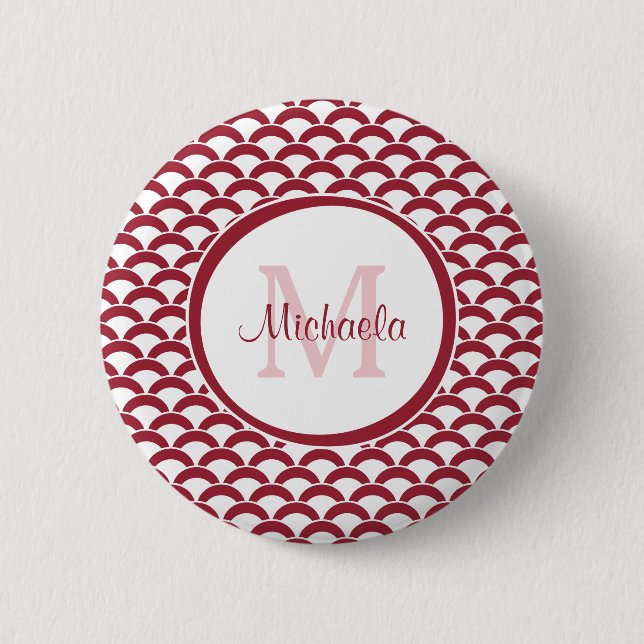 Modern Red and White Scallops Monogram and Name Button (Front)