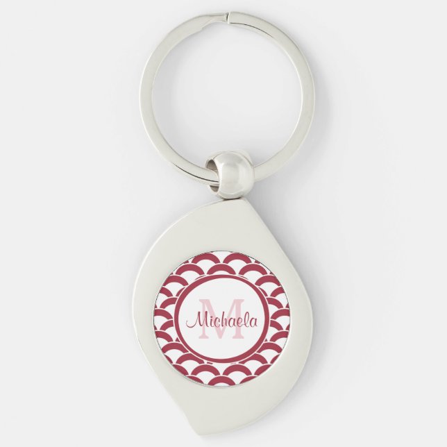 Modern Red and White Scallops Monogram and Name Keychain (Front)